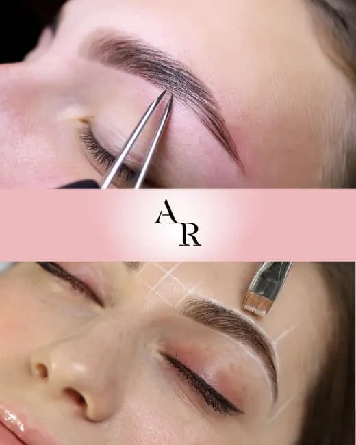 Procedimento de design de sobrancelhas com pinça e mapeamento facial
